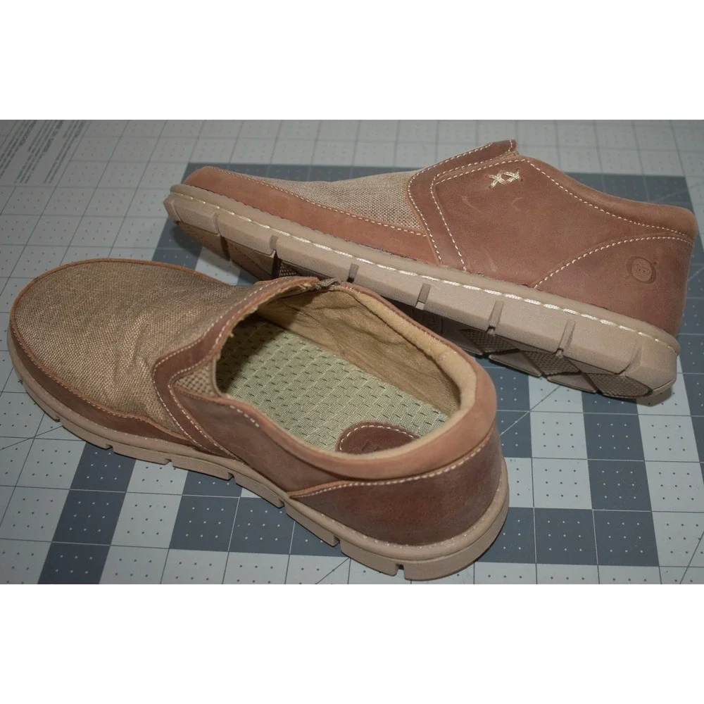 Born Sawyer Textile Tan Leather Slip On Loafers Kids Boys Size 4 PM-701-S
